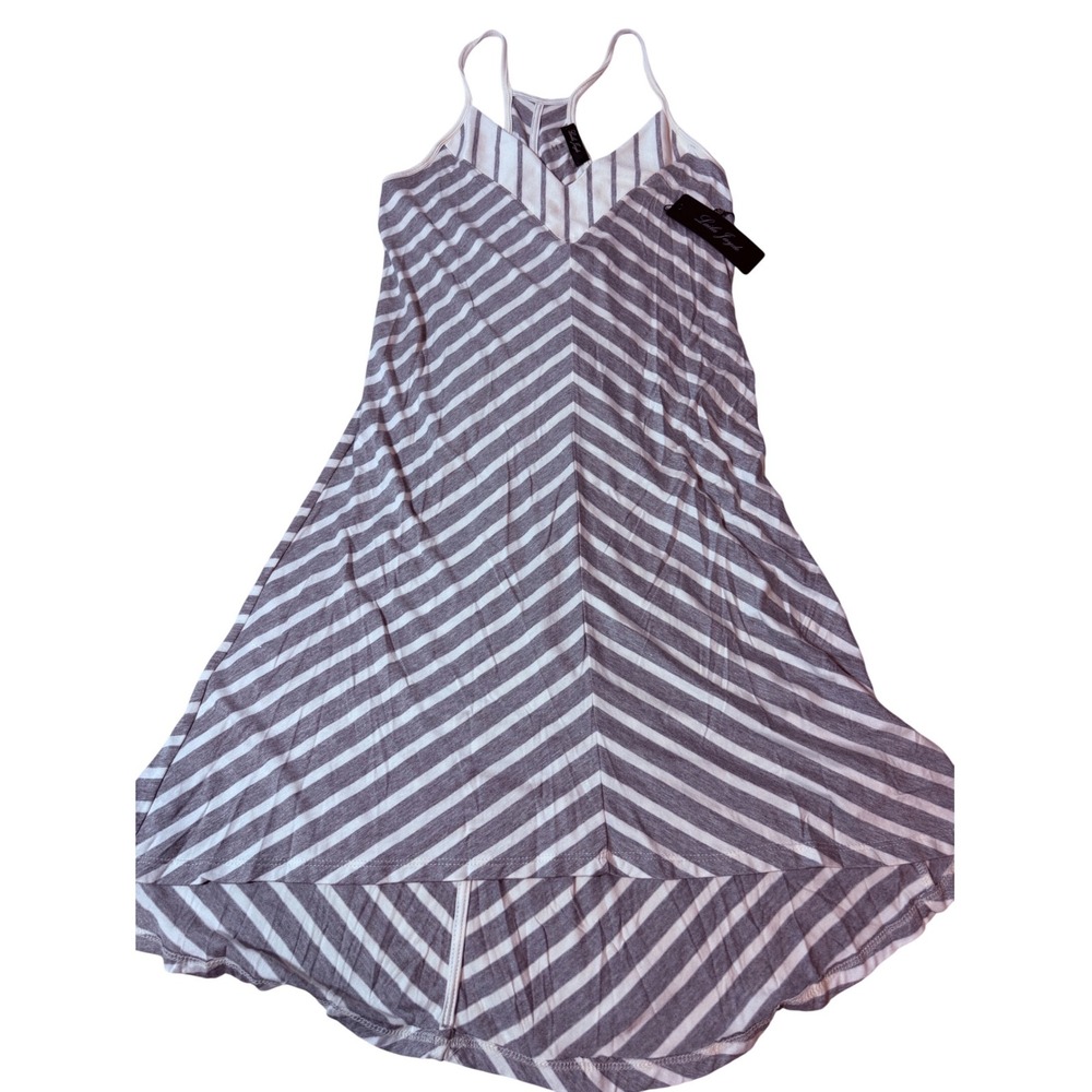 Laila Jayde Womens Grey White Chevron Stripe High Low Racerback Dress Medium NWT